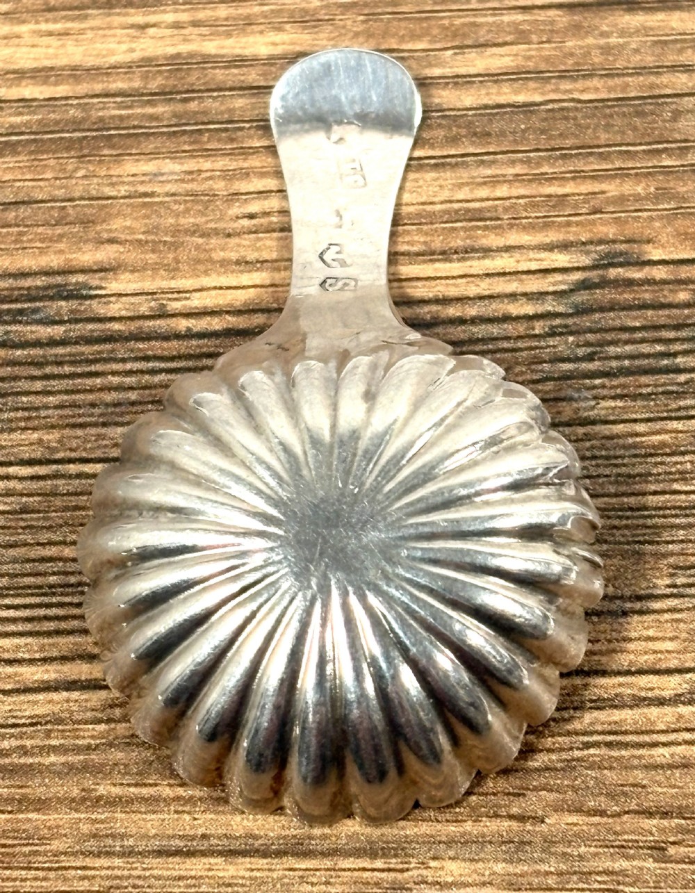 A Georgian sterling silver caddy spoon featuring a fluted shell-shaped bowl and an engraved leaf-pattern handle. View IV