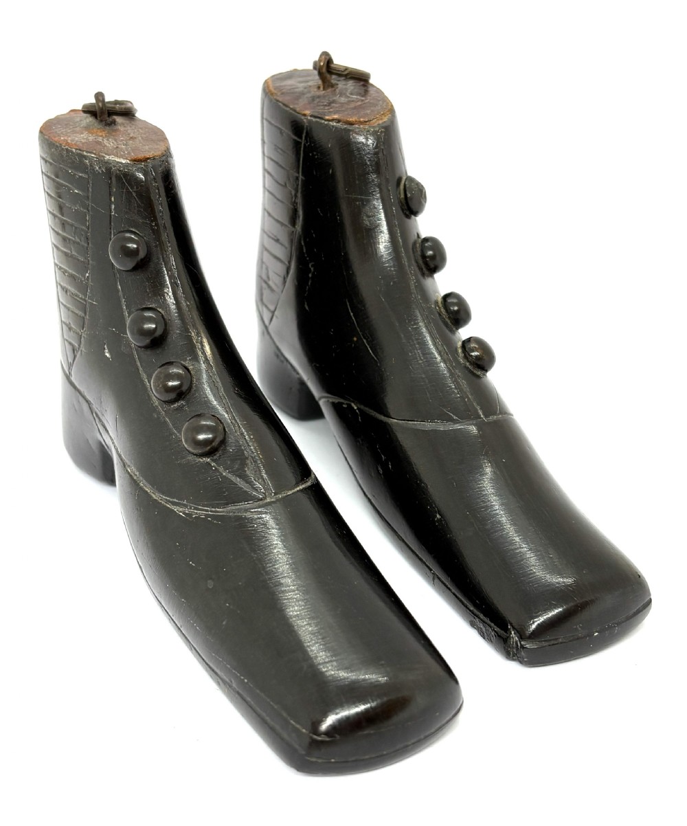 Pair Miniature Ebonised Treen Ladies Boots