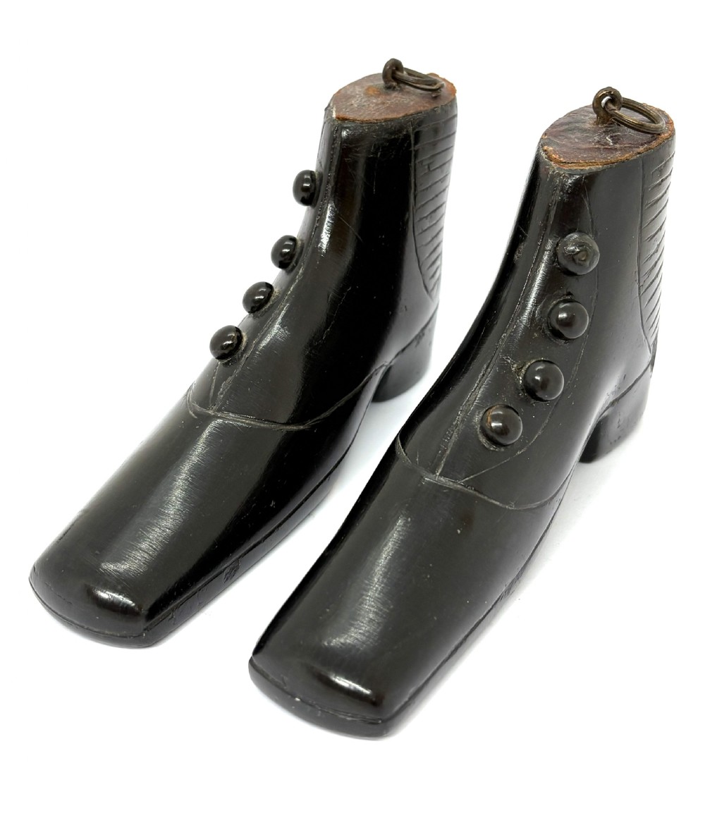 Pair Miniature Ebonised Treen Ladies Boots View II