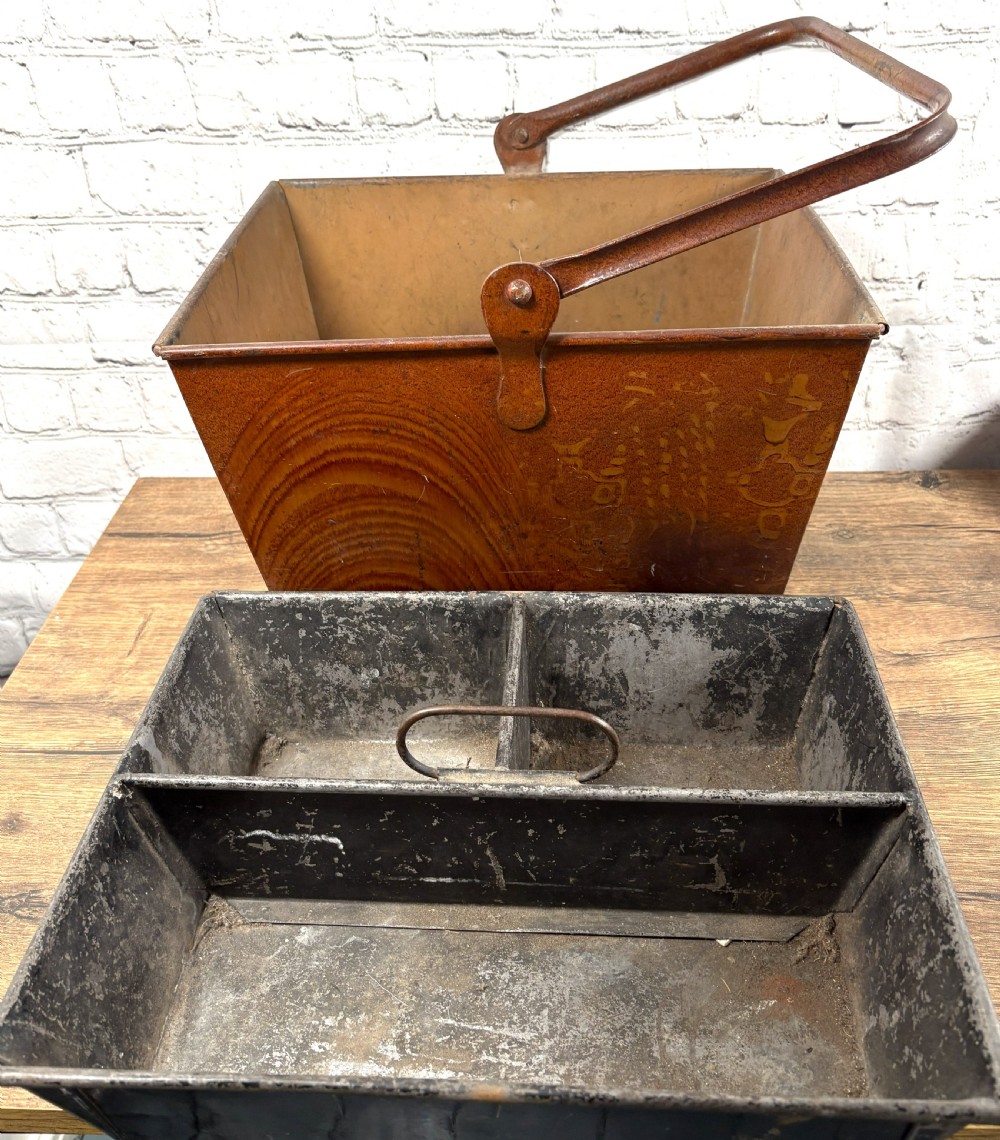 A Victorian painted sheet iron housemaid caddy featuring a faux-wood grain finish, internal compartments, and a tall metal carrying handle. View III