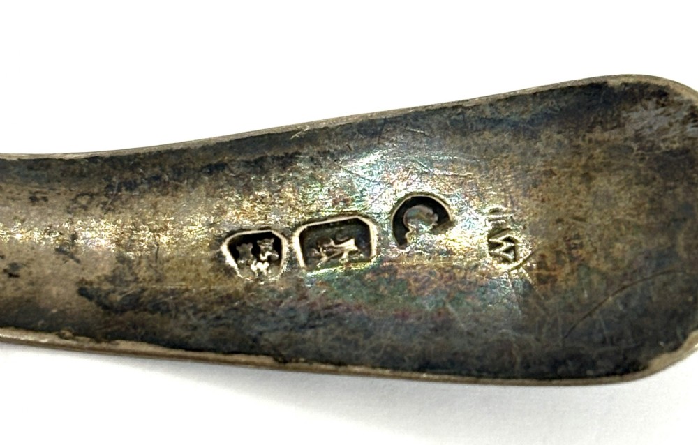A late eighteenth-century sterling silver caddy spoon featuring a fluted shell bowl and a curved handle decorated with bright-cut engraving. View V