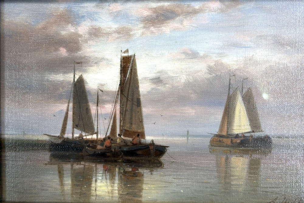A pair of 19th-century maritime oil paintings depicting sailing ships at sea, housed in elaborate gilded ornate frames. View III
