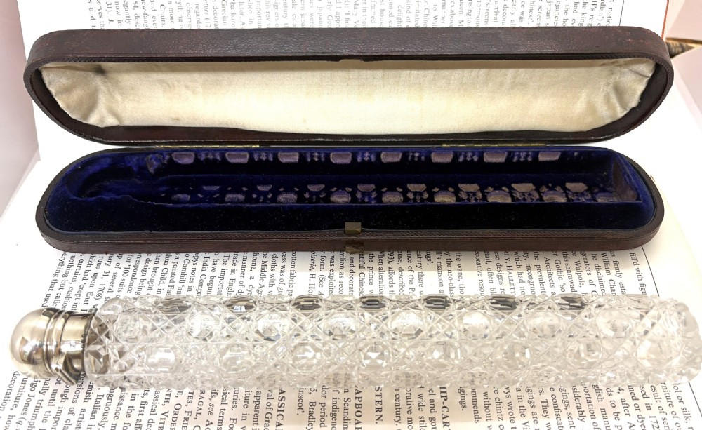 An elongated Victorian cut glass scent bottle with a silver cap resting inside an open velvet and silk lined presentation case. View II