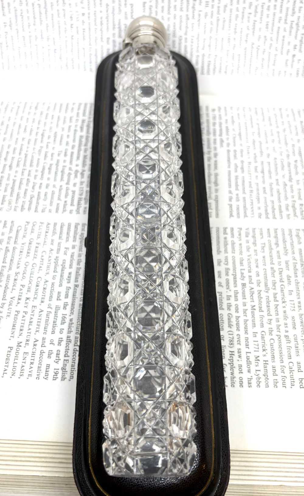 An elongated Victorian cut glass scent bottle with a silver cap resting inside an open velvet and silk lined presentation case. View III