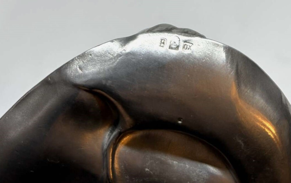 An elongated Art Nouveau silvered pewter card tray featuring a cast figure of a maiden at one end and a serpent coiling around organic leaf detail. View VI