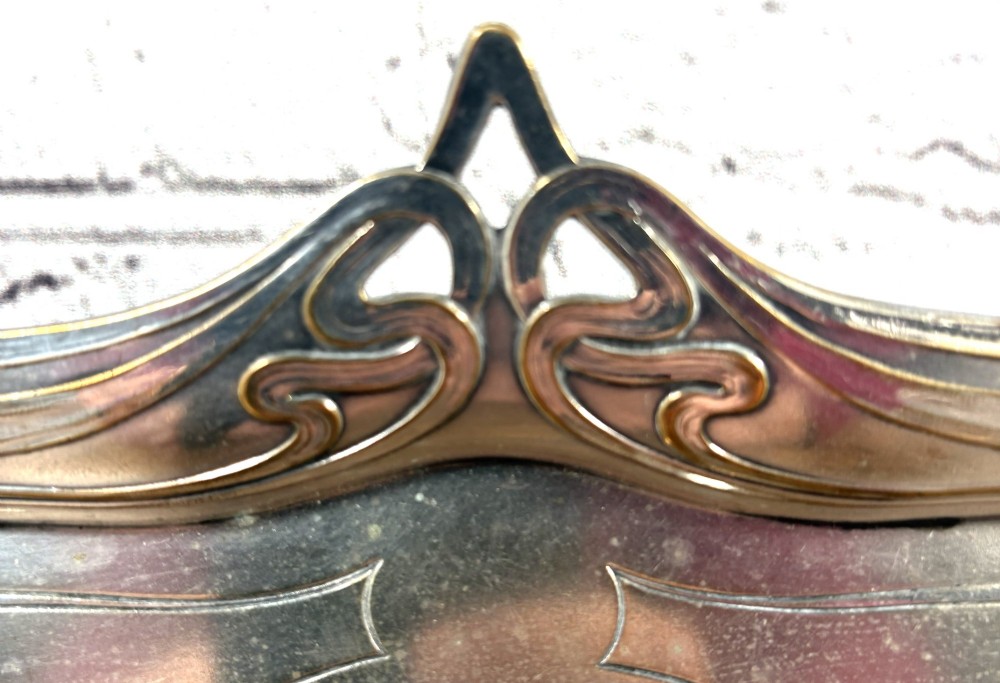 An antique rectangular silver-plated card tray featuring openwork Art Nouveau whiplash handles and engraved linear motifs in the centre. View IV