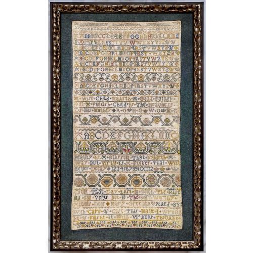 A LATE 17TH OR EARLY 18TH CENTURY ENGLISH BAND SAMPLER WORKED BY MARY GREENING