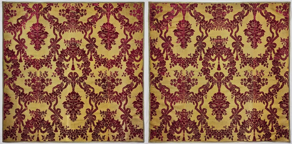 A pair of square 18th-century cisele silk velvet hangings featuring crimson floral and bow motifs over a golden silk background.