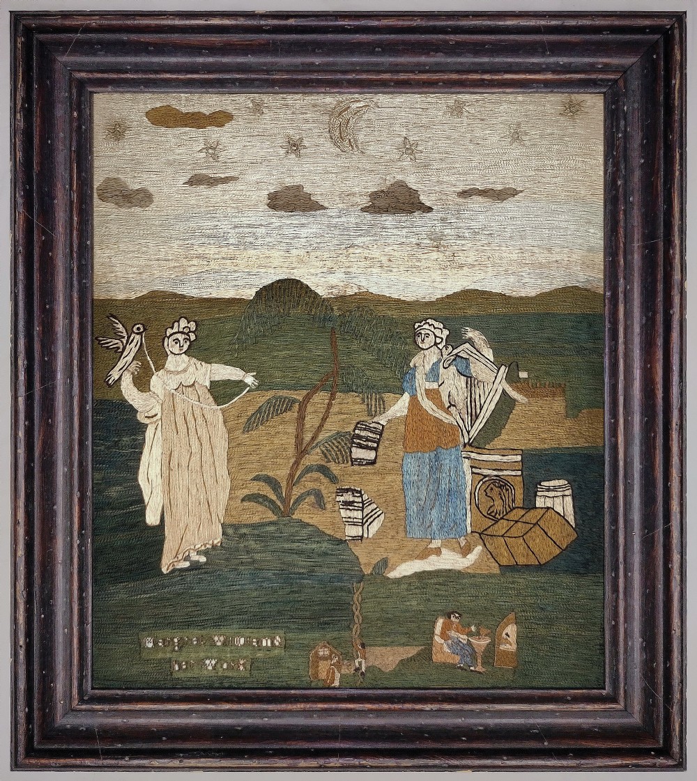 An early 19th century English embroidered picture incorporating scenes from the story of Jack and the Beanstalk