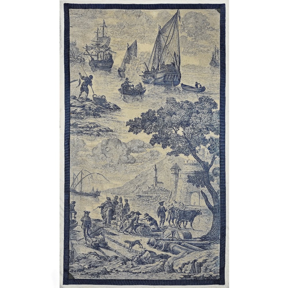 A rectangular late 19th-century toile textile panel featuring blue copperplate-printed maritime scenes on a cream cotton ground, bordered by dark navy fabric.