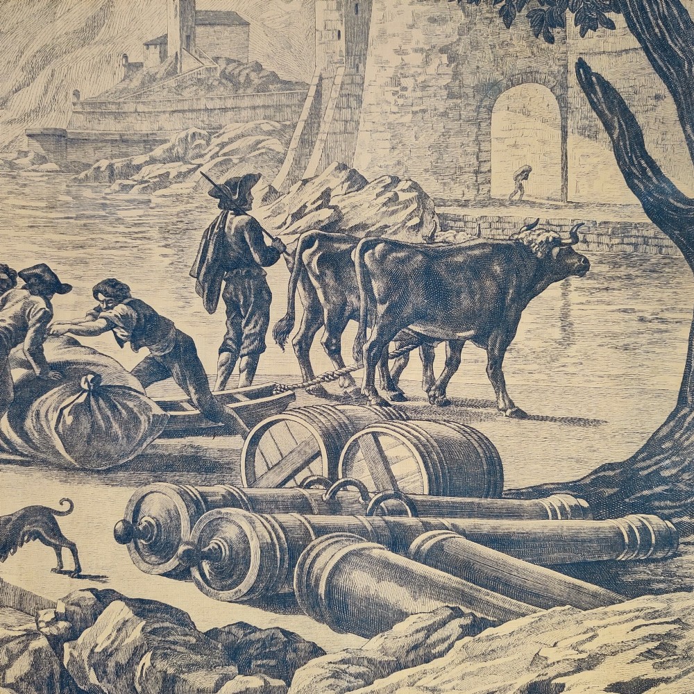 A rectangular late 19th-century toile textile panel featuring blue copperplate-printed maritime scenes on a cream cotton ground, bordered by dark navy fabric. View II