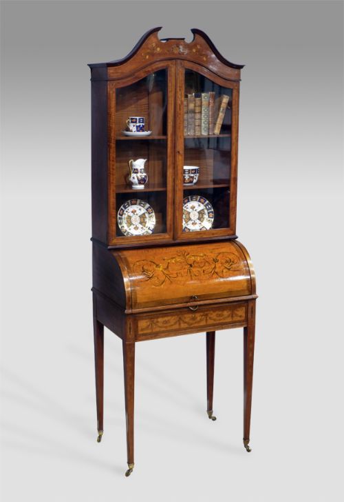 Edwardian Satinwood Cylinder Bureau Bookcase