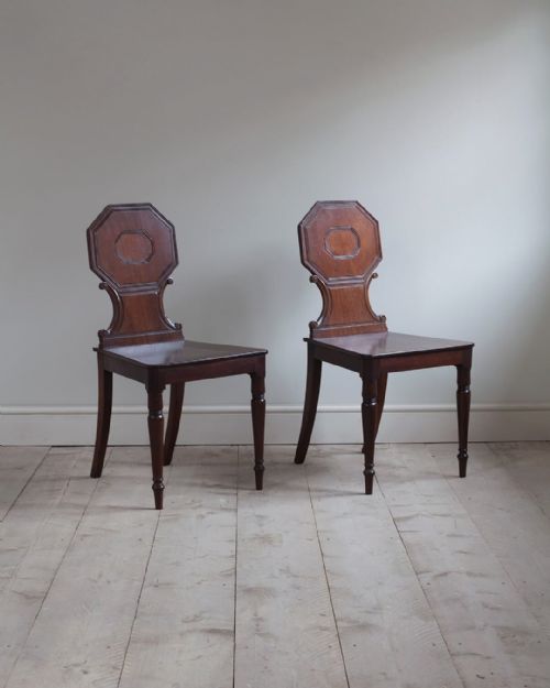pair of late regency mahogany hall chairs - CATEGORY: ANTIQUE CHAIRS - DATED 19TH CENTURY