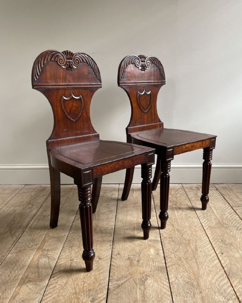 pair of george iv mahogany hall chairs - CATEGORY: ANTIQUE CHAIRS - DATED 19TH CENTURY