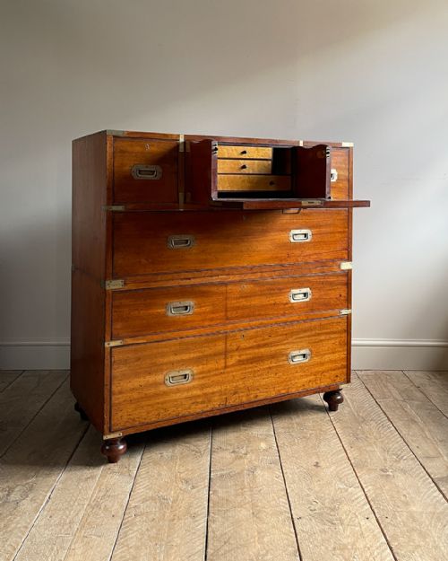 wonderful 19th century mahogany secretaire campaign chest - CATEGORY: ANTIQUE CHEST OF DRAWERS - DATED 19TH CENTURY