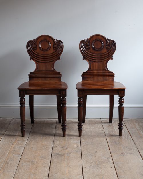 pair of regency mahogany hall chairs - CATEGORY: ANTIQUE CHAIRS - DATED REGENCY