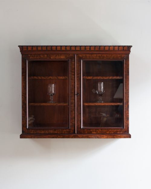 19th century flame mahogany wall hanging cabinet - CATEGORY: ANTIQUE BOOKCASES - DATED 19TH CENTURY