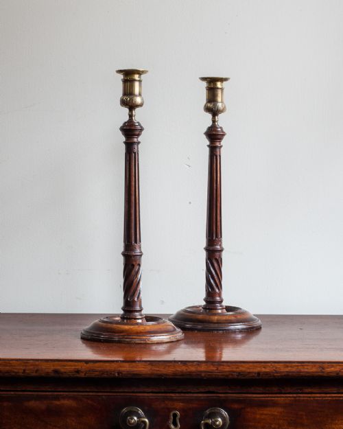 pair of regency mahogany and brass candle sticks - CATEGORY: ANTIQUE LIGHTING - DATED 19TH CENTURY
