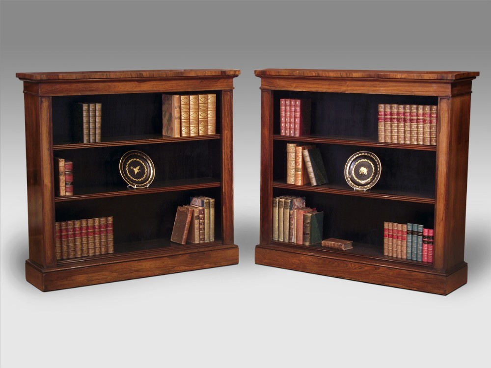 Pair of small George IV figured rosewood dwarf bookcases 