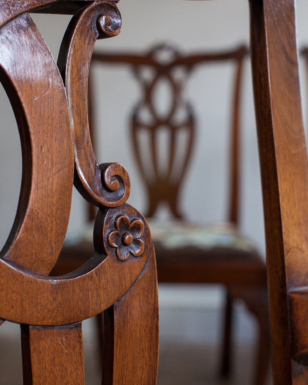 A set of twelve 18th-century carved walnut dining chairs featuring vase-shaped splats, cabriole legs, and floral needlepoint seats. View III