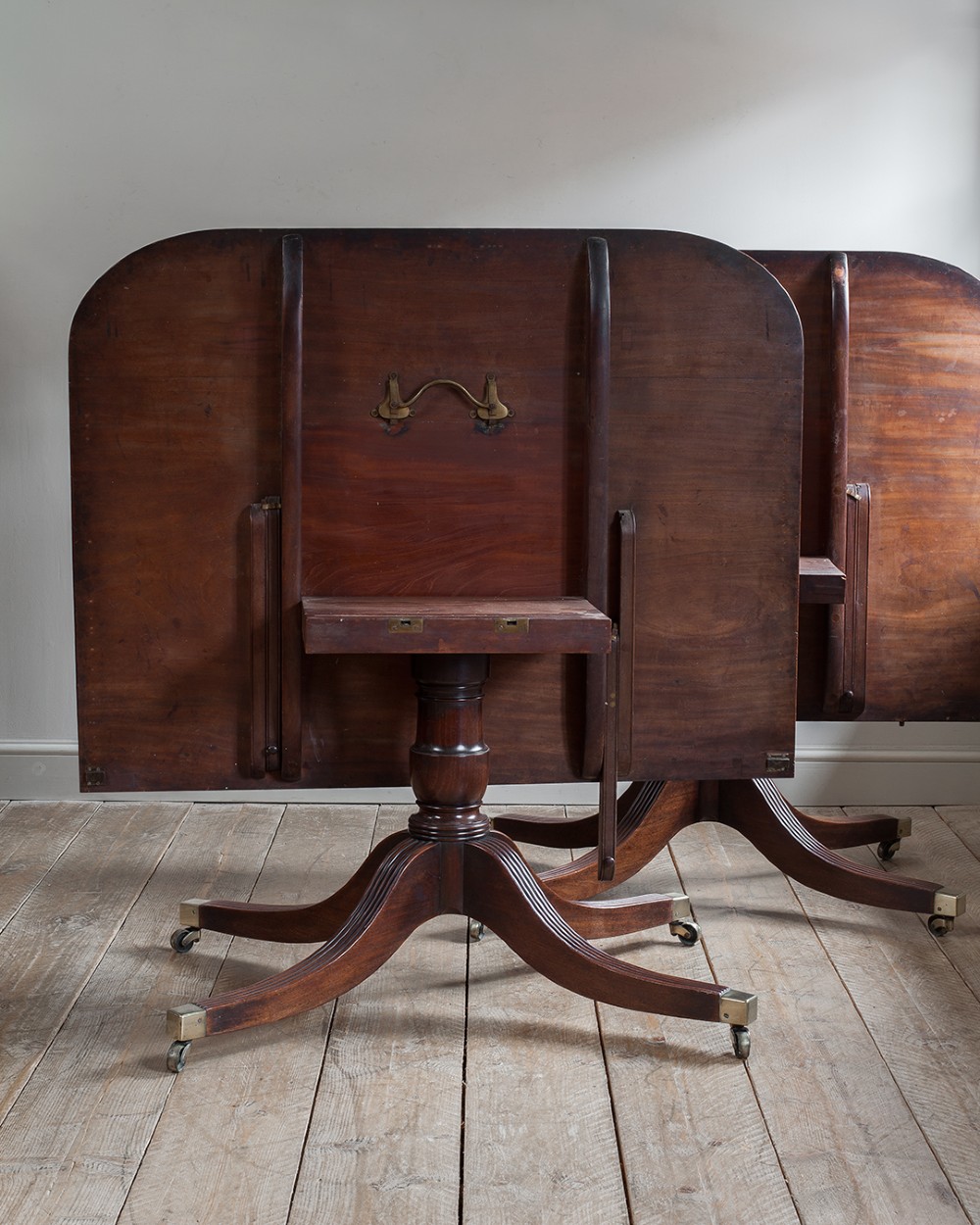 A Regency mahogany extending twin pedestal dining table with rounded corners, reeded splayed legs, and brass caps with castors. View III