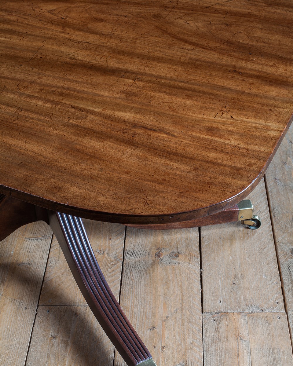 A Regency mahogany extending twin pedestal dining table with rounded corners, reeded splayed legs, and brass caps with castors. View IV