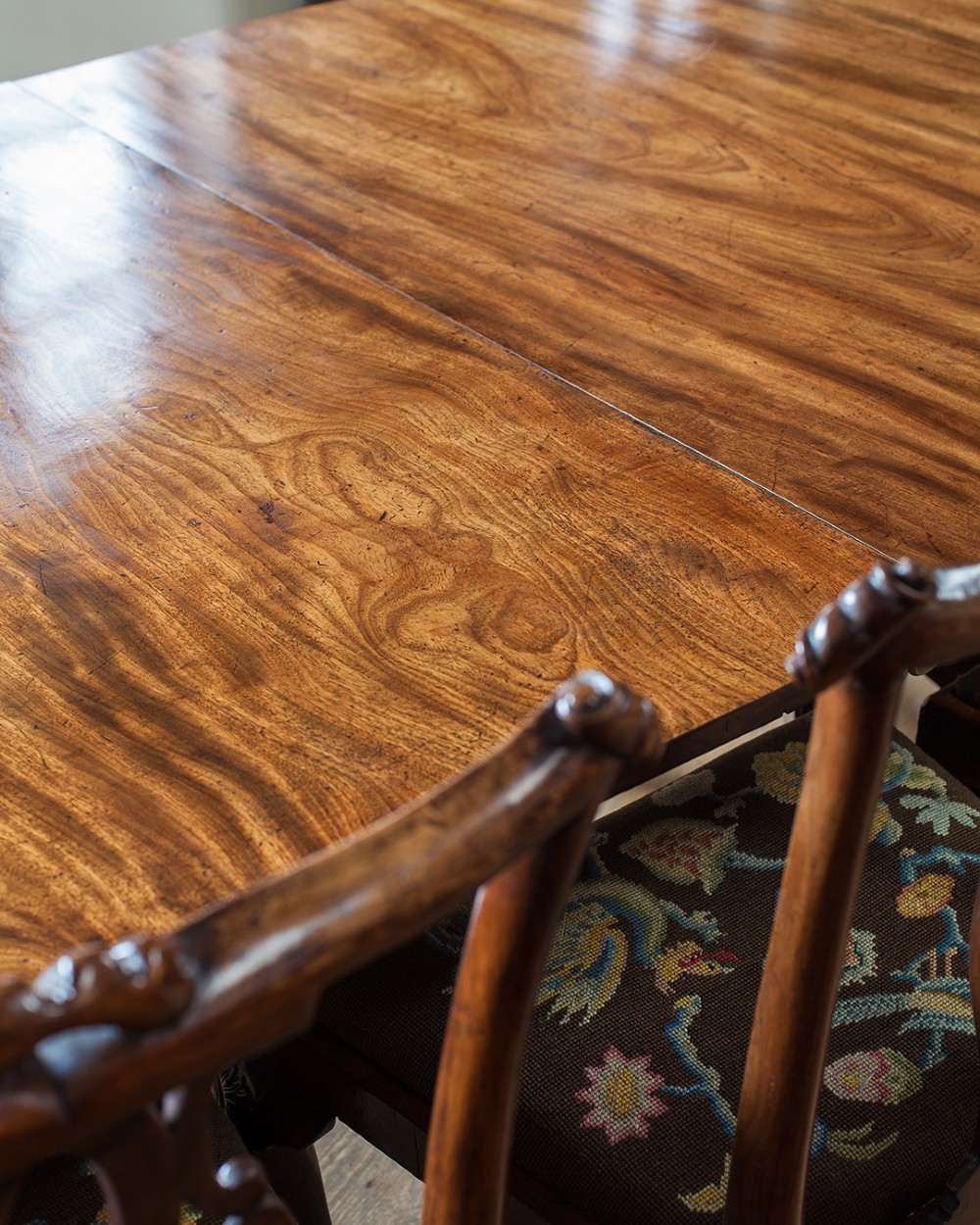 A Regency mahogany extending twin pedestal dining table with rounded corners, reeded splayed legs, and brass caps with castors. View X