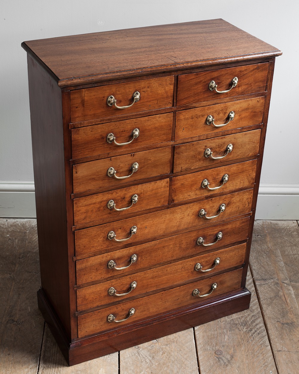A tall 19th-century mahogany bank of drawers featuring eight tiers of small and wide drawers with brass handles, resting on a solid plinth base. View III