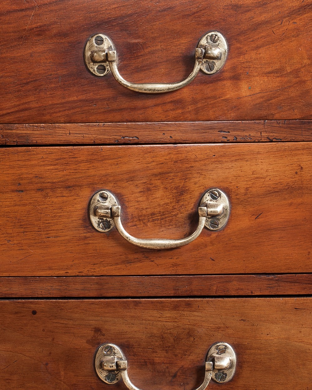 A tall 19th-century mahogany bank of drawers featuring eight tiers of small and wide drawers with brass handles, resting on a solid plinth base. View VI