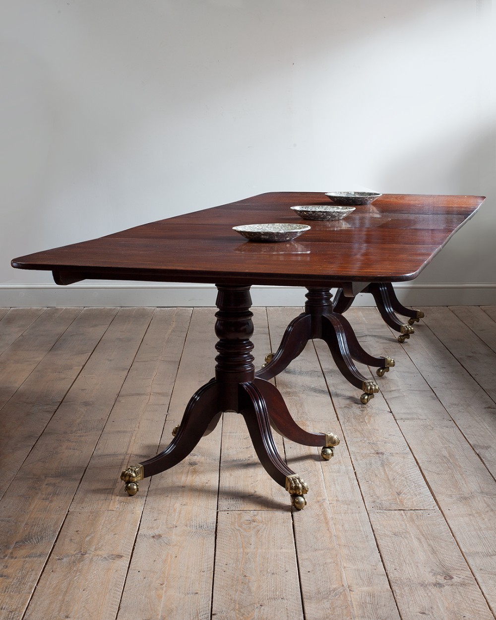 A long Regency mahogany triple pedestal dining table with splayed reeded legs and brass paw castors set on a light timber floor.
