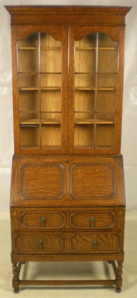 Jacobean Style Light Oak Bureau Bookcase Cabinet