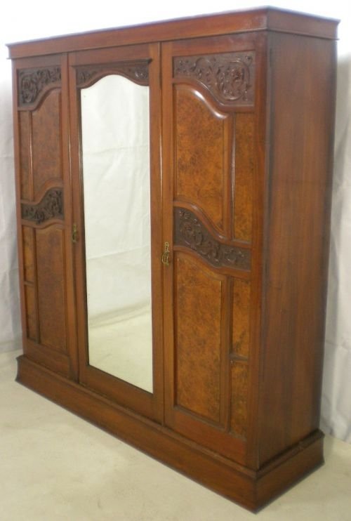 Edwardian Triple Door Walnut & Mahogany Wardrobe