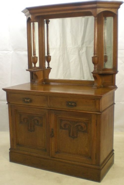 Edwardian Oak Mirror Back Carved Sideboard