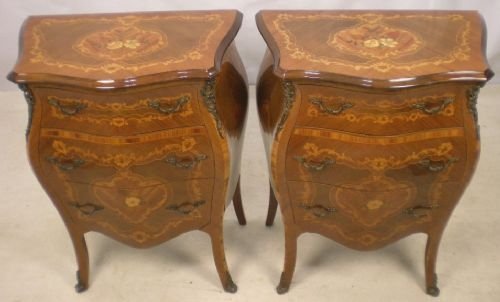Pair Bombe Walnut Chests with Floral Inlay