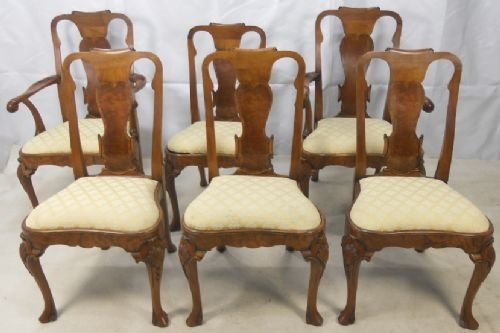 Set of Six Queen Anne Style Walnut Dining Chairs