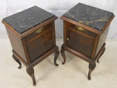 Pair Marble Top Walnut Bedside Cabinets