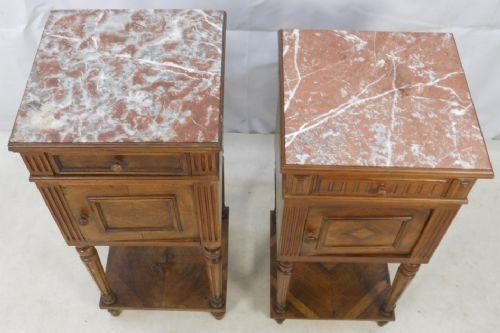 Two Marble Top Walnut French Bedside Cabinets