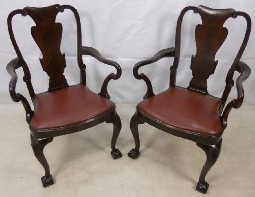 Pair Queen Anne Style Mahogany Carver Armchairs