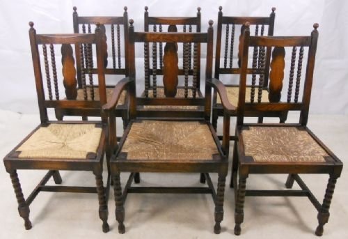 Set of Six Oak Rush Seat Dining Chairs