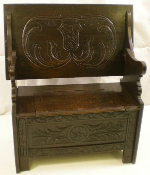 Edwardian Carved Dark Oak Monks Bench