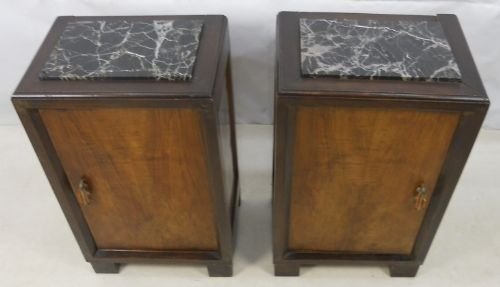 Pair Marble Top Walnut Bedside Cabinets