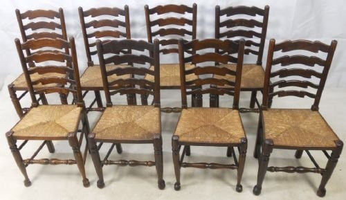 Eight Dark Elm Ladderback Dining Chairs