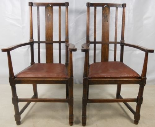 Pair Arts & Craft Period Oak Armchairs