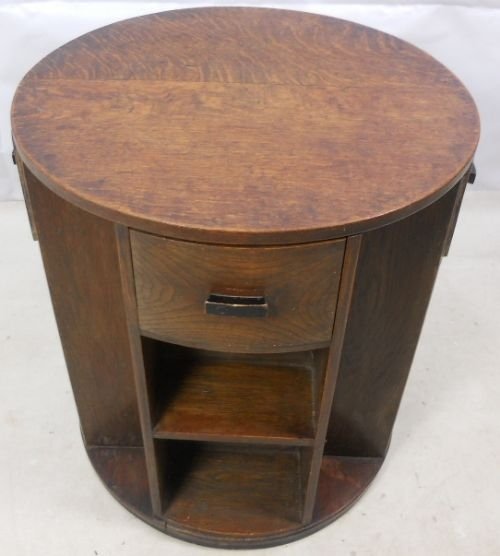 Round Oak Standing Bookcase with Drawers