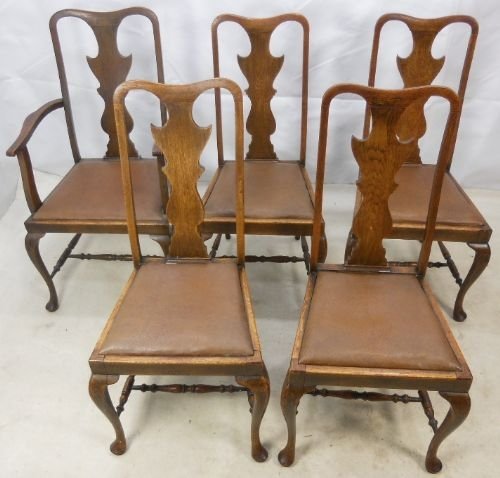 Set of Five Queen Anne Style Oak Dining Chairs