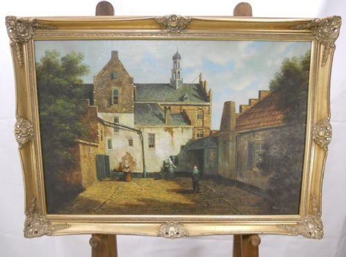 Gilt Frame Picture on Canvas Courtyard Scene