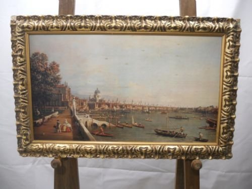 Gilt Framed Picture on Board Continental Harbour Scene
