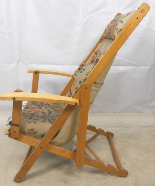 Edwardian Beech Upholstered Folding Steamer Armchair