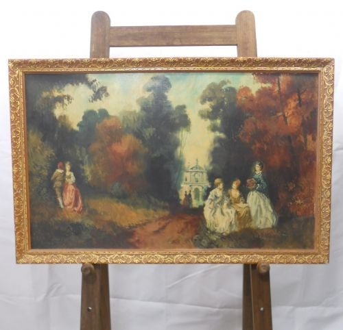 Gilt Frame Picture on Canvas Garden Scene, Ladies in Period Dress