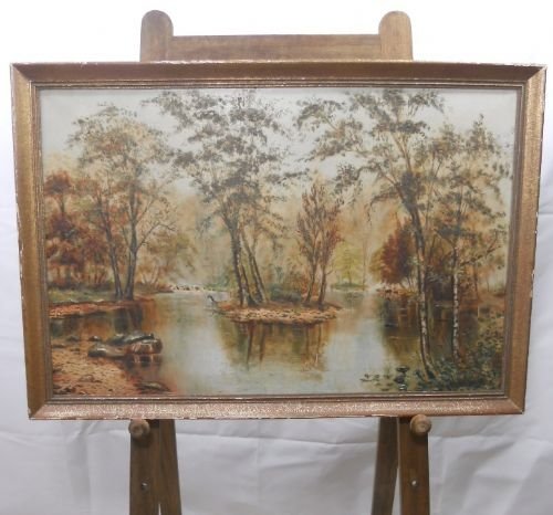 Gilt Framed Picture on Canvas River Scene Heron and Deer